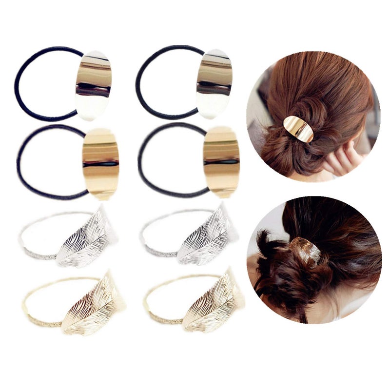 JinYu 8 Pcs Metal Leaf Hair Rope Hairband Ponytail Holder Hair Ring Crystal Elastic Rubber Band Hair Tie Hair Headdress Hair Accessories -2 Styles Gold and Silver - Image 1